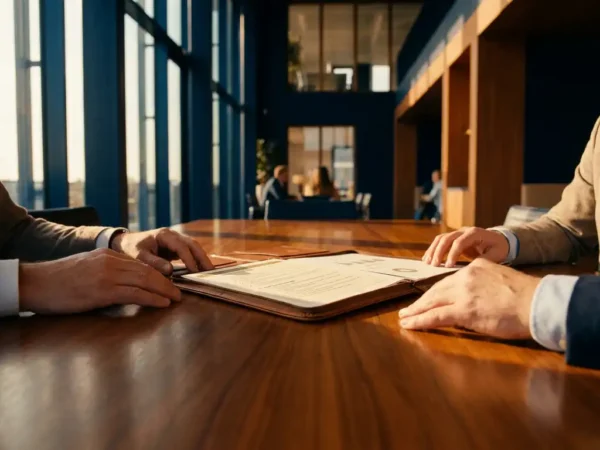 Vier handen rond een open projectdocument op een vergadertafel in een modern Nederlands kantoor met warm middaglicht.
