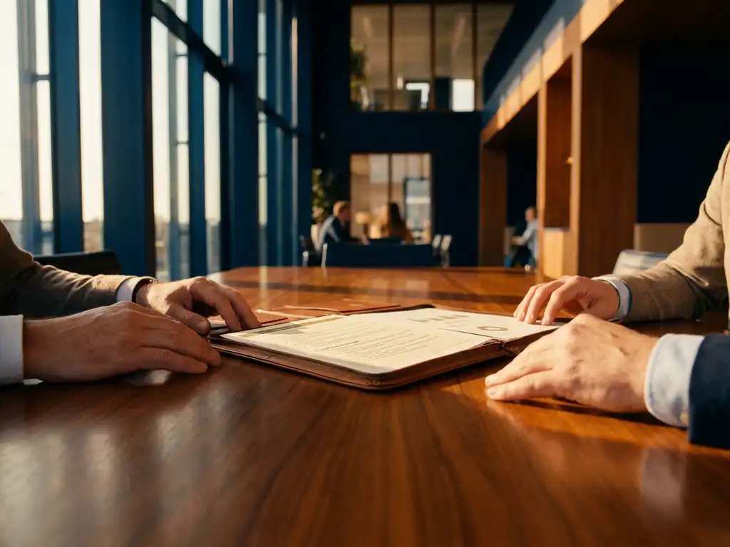Vier handen rond een open projectdocument op een vergadertafel in een modern Nederlands kantoor met warm middaglicht.