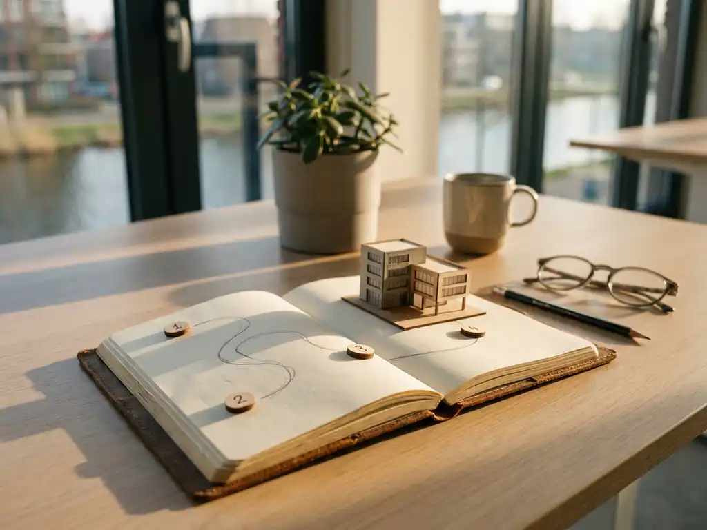 Opengeslagen leren projectplanner op modern bureau met genummerde mijlpaalmarkeringen langs een getekend pad naar een miniatuurkantoorgebouw.