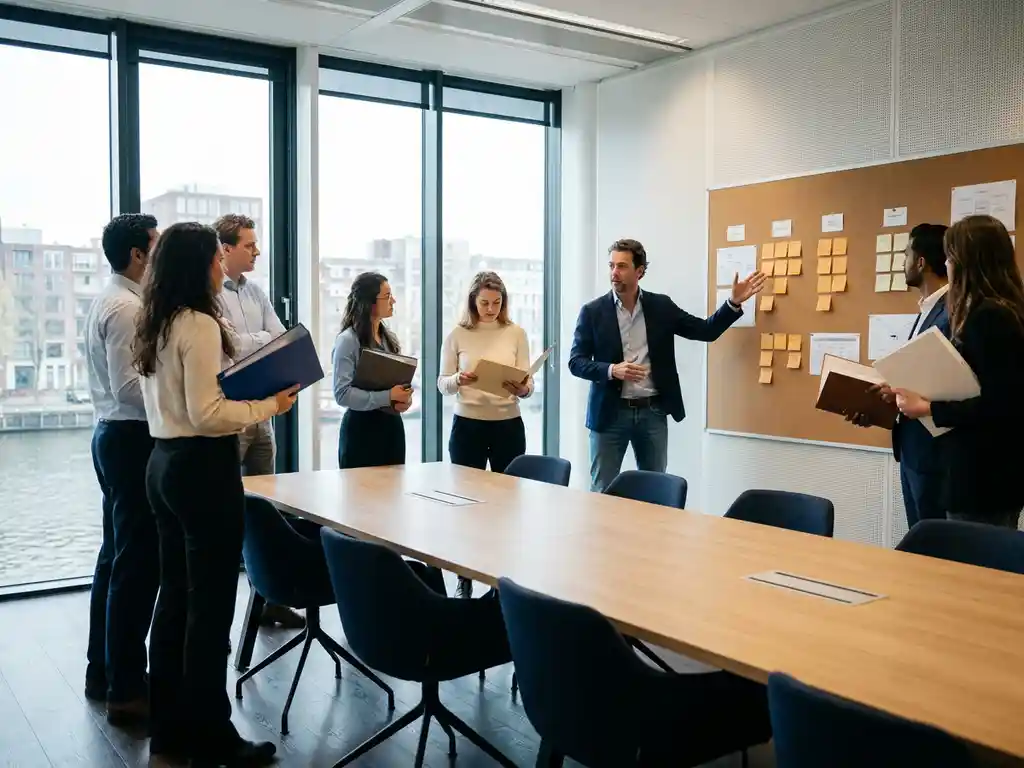 Divers team van professionals rond een moderne vergadertafel met documentmappen, wijzend naar een projectbord met sticky notes in een Nederlands kantoor.