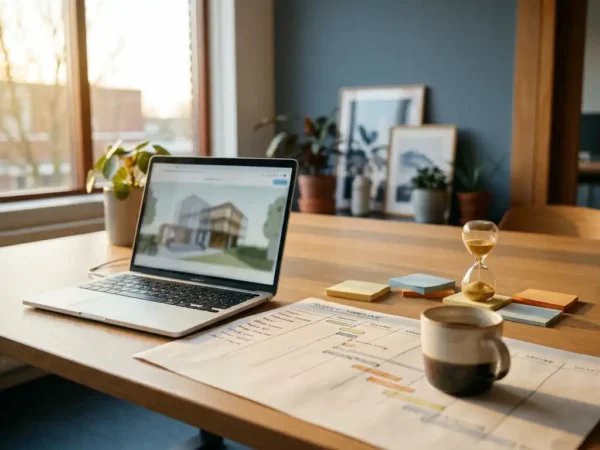 Bureau met laptop, papieren projecttijdlijn, koffiekop en zandloper op plakbriefjes in modern Nederlands kantoor met ochtendlicht.