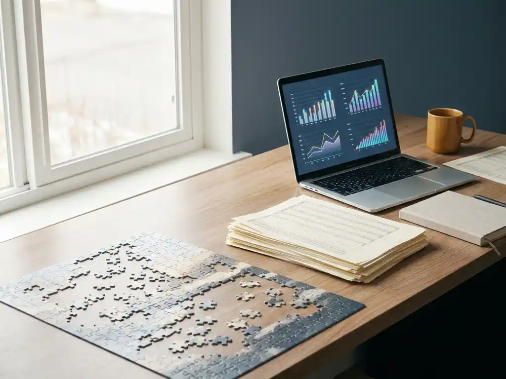 Bureau van data-analist met onvoltooid puzzel, gedrukte spreadsheets en laptop met kleurrijke grafieken in blauw-witte kantooromgeving.