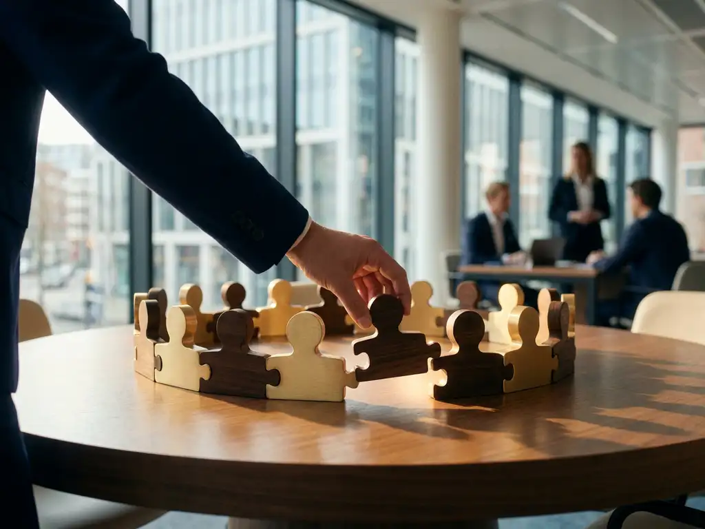 Professional plaatst het laatste puzzelstukje in een cirkel van menselijke silhouetten op een vergadertafel, warm goudkleurig licht.