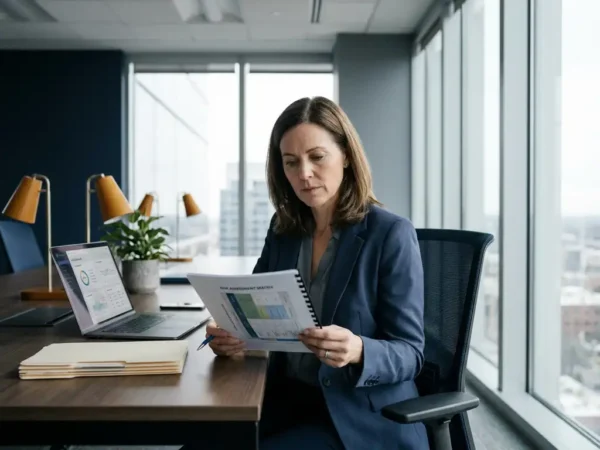 Operationeel directeur bestudeert risicobeoordelingsdocument aan modern bureau met laptop en ordners in licht kantoor.