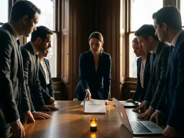 Professional legt risicobeoordelingsrapport op vergadertafel terwijl executives aandachtig toekijken in een boardroom.