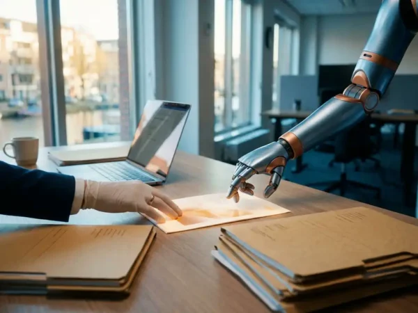 Robotarm en menselijke hand reiken naar hetzelfde gloeiende document op een modern bureau, omringd door mappen en laptop.