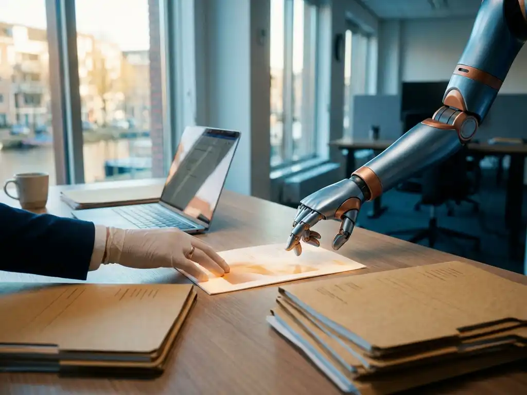 Robotarm en menselijke hand reiken naar hetzelfde gloeiende document op een modern bureau, omringd door mappen en laptop.