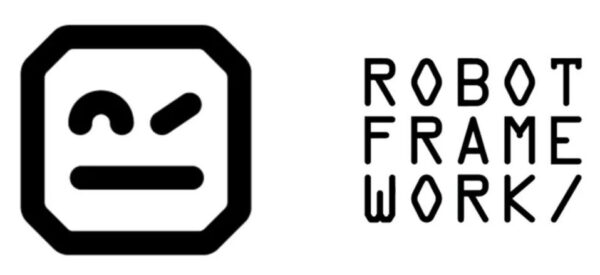 Logo van Robot Framework: links een zwart, hoekig gezichtspictogram in een afgerond vierkant, rechts de tekst ROBOT FRAMEWORK/ in een geometrisch lettertype.