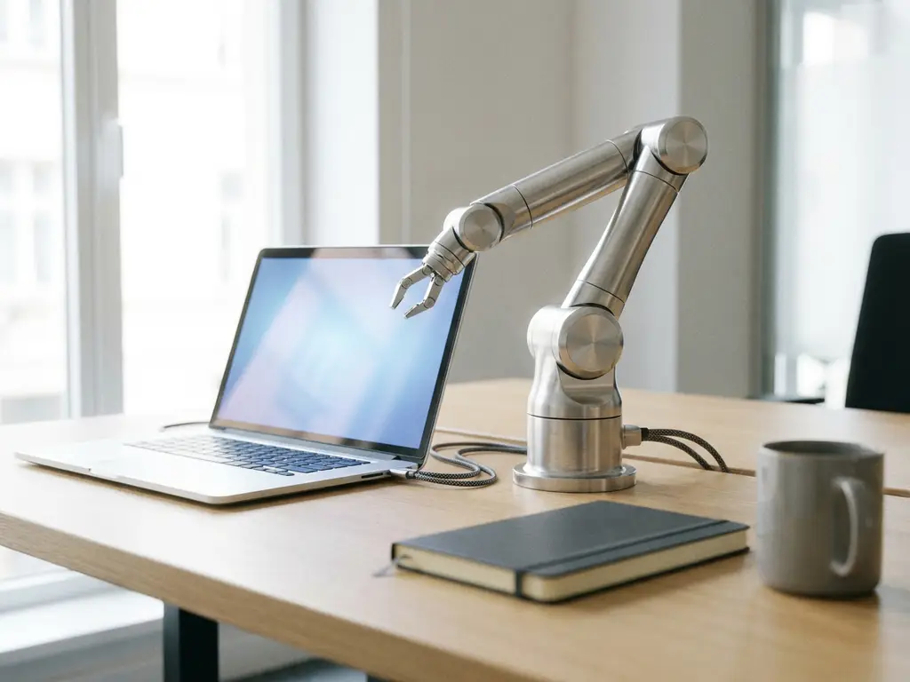 Robotarm en laptop op modern kantoorbureau met notitieboek en koffiekop, zachte blauwe accenten in professionele werkruimte.