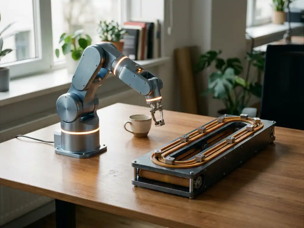 Robotarm past zijn pad aan rond een obstakel naast een mechanische transportband op een modern bureau, stalen blauwtinten en warm amber licht.