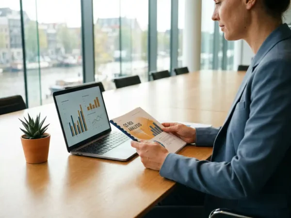Zakelijke professional bestudeert ROI-rapport aan vergadertafel met laptop en datacharts in modern Nederlands kantoor.