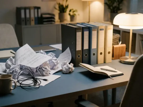 Rommelige stapel verfrommelde printouts en kabels naast nette kleurgecodeerde mappen op een modern bureau.