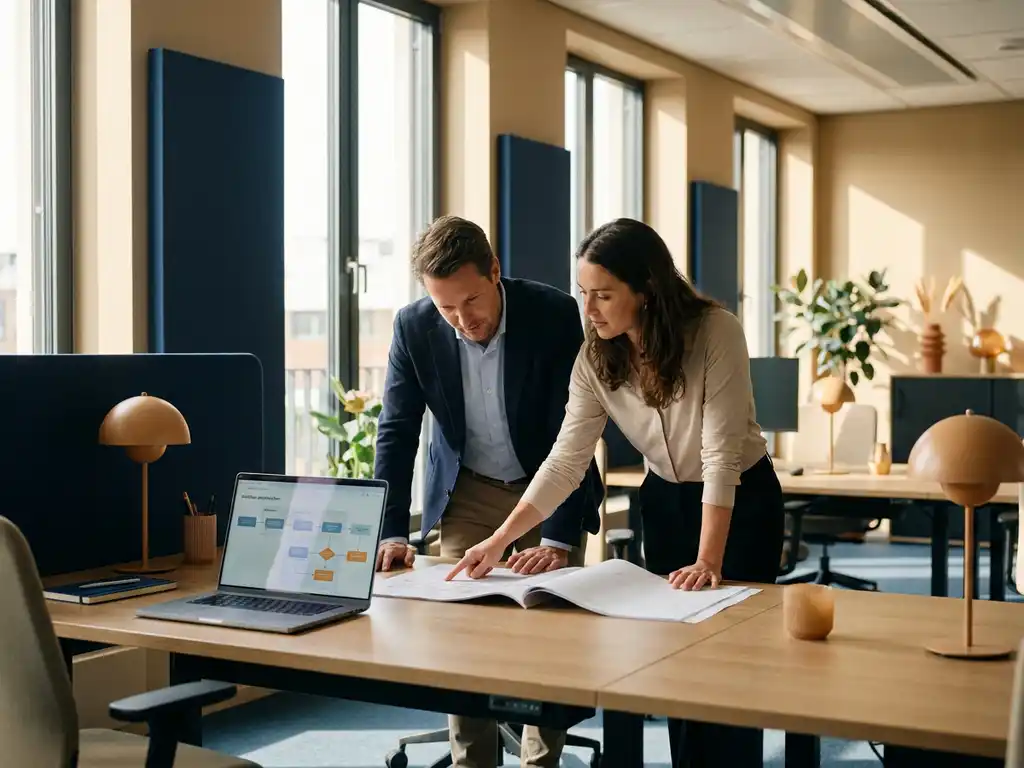 Twee collega's bekijken samen een document aan een modern bureau, terwijl één persoon wijst naar workflowdiagrammen op een laptop.