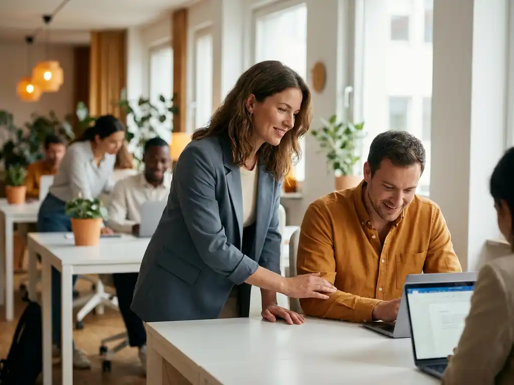 Twee collega's bekijken samen een laptopscherm aan een modern bureau in een lichte kantooromgeving.