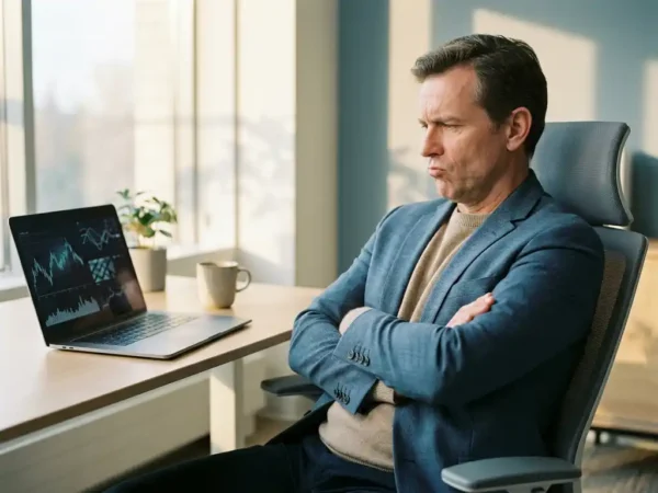 Sceptische professional met gekruiste armen achterover leunend in kantoorstoel, laptop met datavisualisaties, zacht middaglicht.