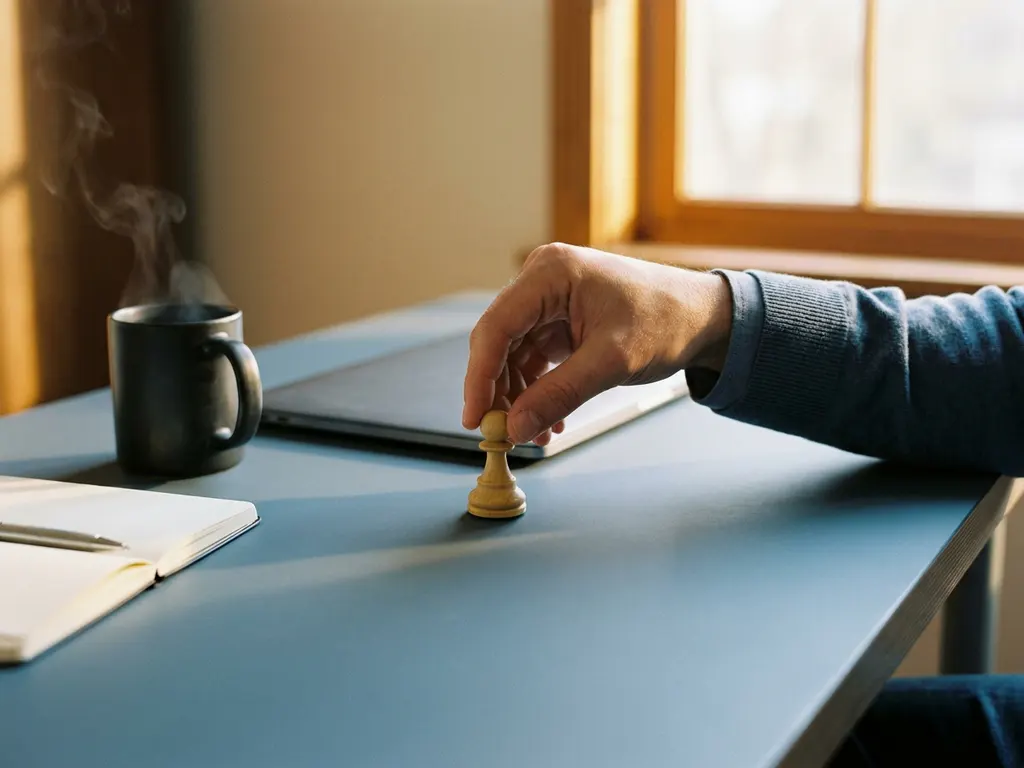 Hand die een schaakstuk plaatst op modern bureau met notitieboekje, dampende koffie en laptop in warm natuurlijk licht.