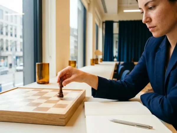 Professional plaatst schaakstuk op minimalistisch houten bord naast open notitieboek in modern Nederlands kantoor met natuurlijk daglicht.