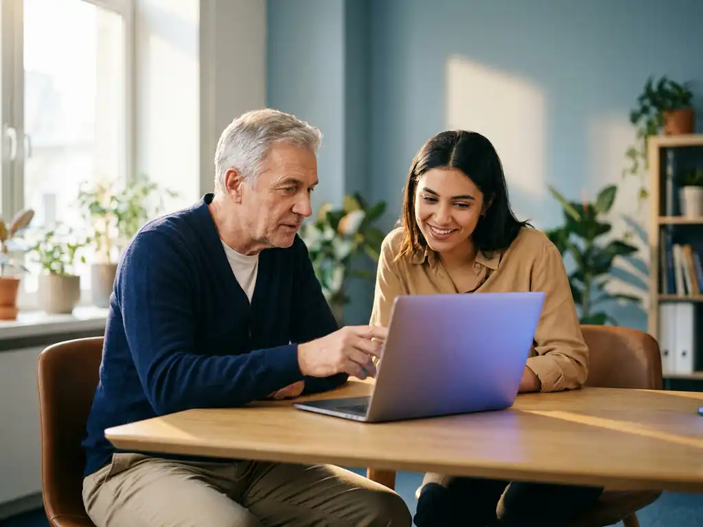 Oudere en jonge collega samen achter laptop met AI-interface in modern kantoor, warm zijlicht, marine en zandtinten.