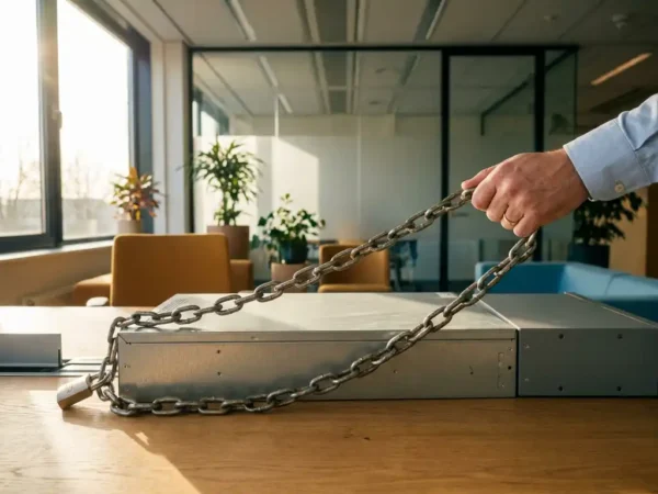 Hand die een stalen ketting vasthoudt die vastzit aan een beveiligde server op een eikenhouten bureau in een modern kantoor.