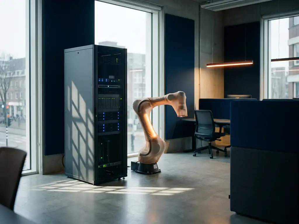Serverrack naast een humanoïde robotarm op betonnen vloer in modern Nederlands kantoor, verlicht met marineblauw en amberkleurig accent.