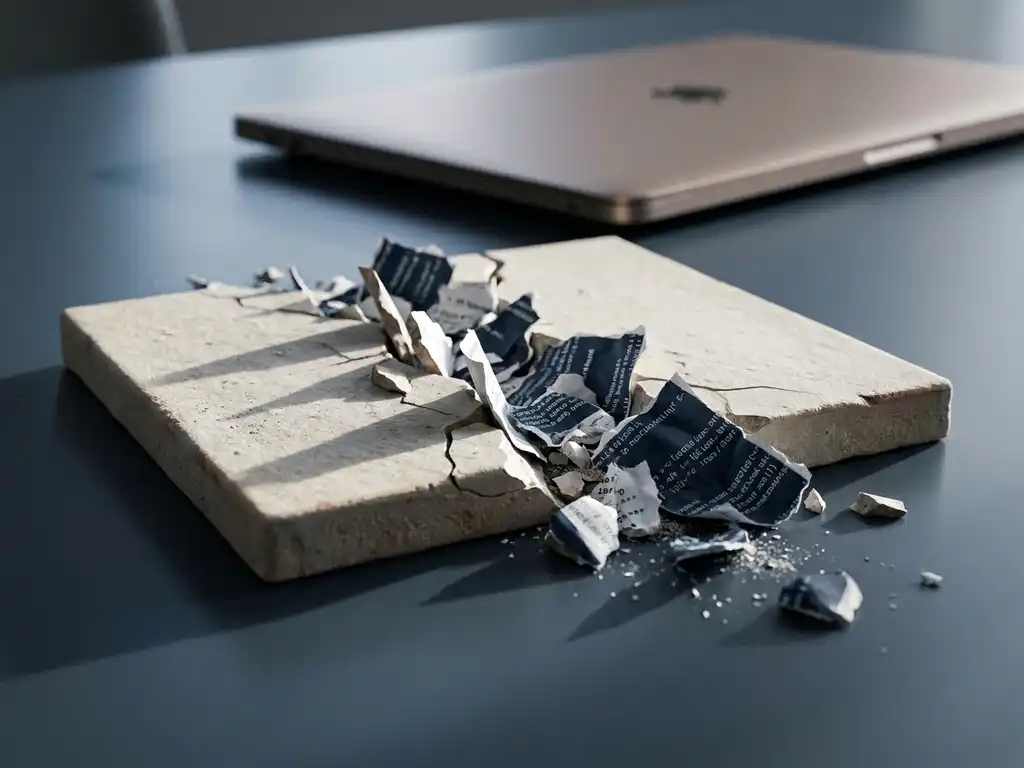Gebarsten keramische servertegel met uitstromende documenten op modern bureau, dramatische zijverlichting in leisteen en marineblauw.