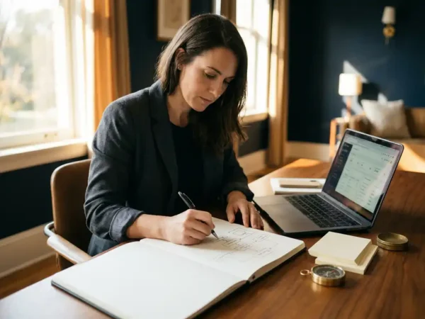 Professional die een strategische routekaart schetst op papier, met laptop en kompas op modern bureau in warm ochtendlicht.