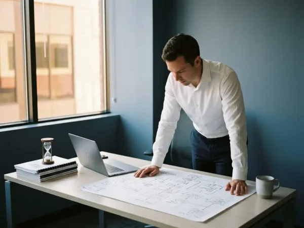 Professional in wit overhemd bestudeert complex stroomschema op modern bureau met laptop, documenten en zandloper in warm kantoorlicht.