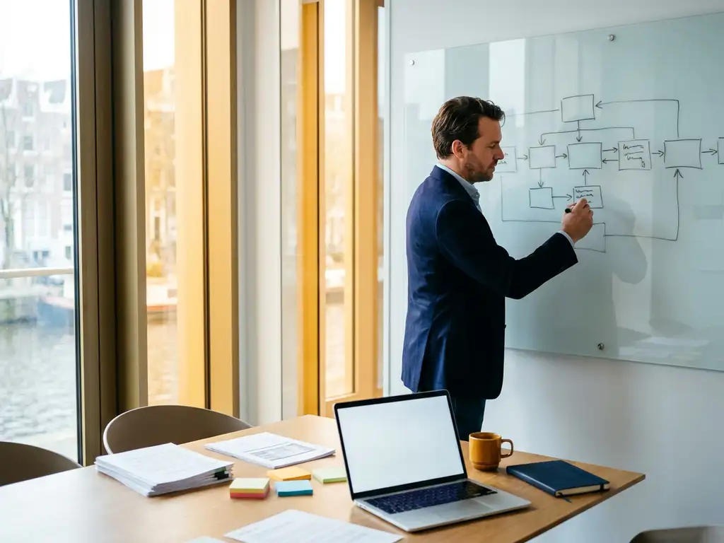 Professional die een flowchart schetst op een whiteboard in een modern Nederlands kantoor, met strategie­documenten en sticky notes op de vergadertafel.