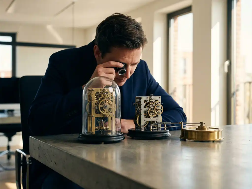 Professional die twee tandwielsmechanismen vergelijkt op betonnen bureau, één zelfstandig en één reactief, kantooromgeving met marineblauw en amber tinten.