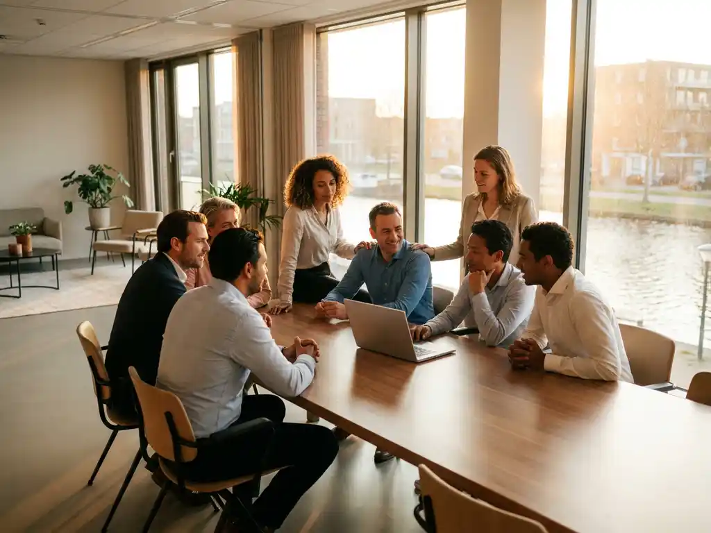 Diverse professionals rond vergadertafel in Nederlands kantoor, collega legt hand op schouder tijdens open gesprek, warme middaglichtsfeer.