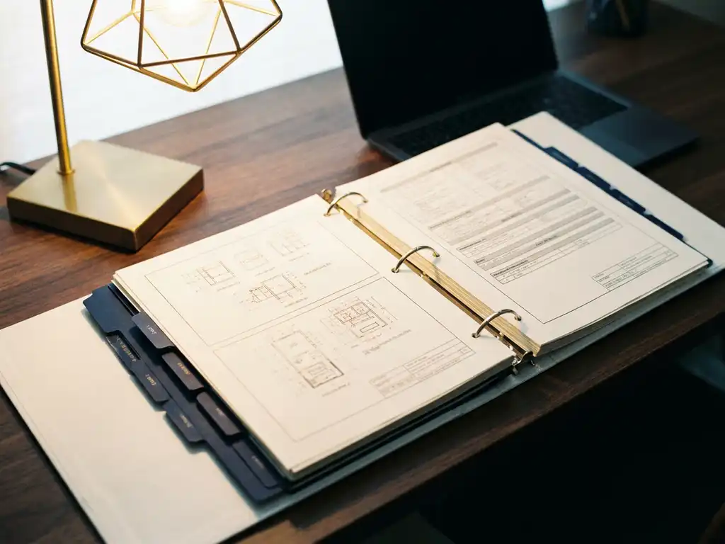 Open ringband met technische diagrammen en gestructureerde documenten op modern bureau, laptop en bureaulamp op de achtergrond.