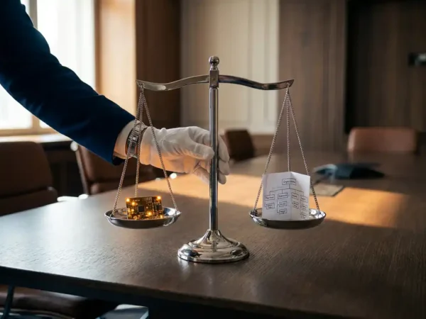 Handen die een chromen weegschaal balanceren met een gloeiende printplaat en een organisatieschema op een donker eiken vergadertafel.