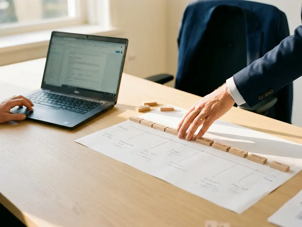 Handen op een getekende tijdlijn roadmap op een bureau, met houten mijlpaalblokken, laptop en warm ochtendlicht in een modern kantoor.