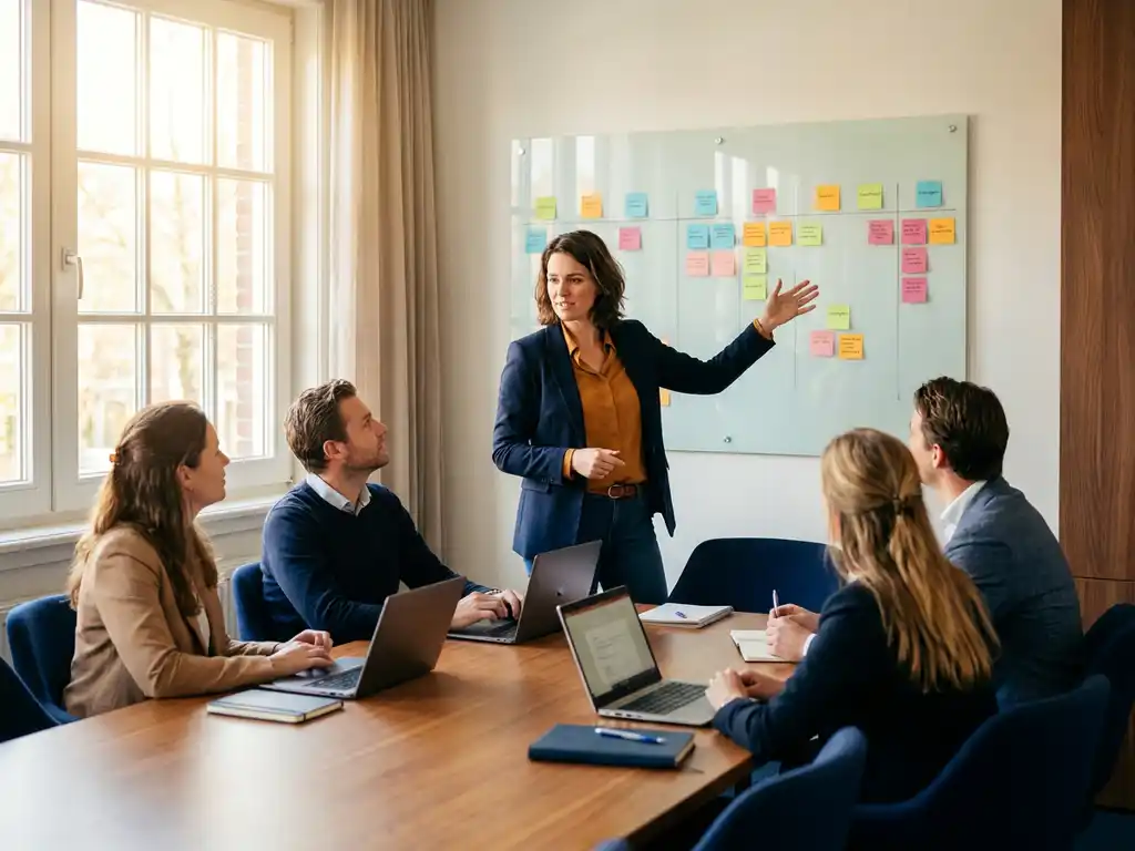 Trainer wijst naar gestructureerd sticky notes-schema op whiteboard tijdens workshopsessie met collega's in modern Nederlands kantoor.
