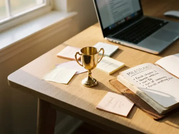 Gouden trofee op minimalistisch bureau met sticky notes, opengeslagen notitieboek en laptop, warm ochtendlicht.