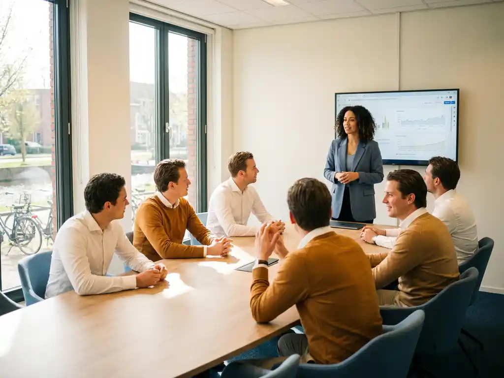Divers team van professionals in vergadering in modern Nederlands kantoor, één persoon presenteert terwijl collega's aandachtig luisteren in warm natuurlijk licht.