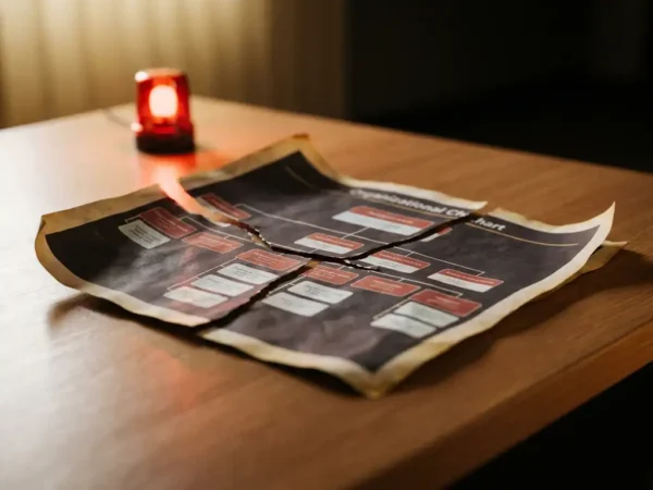 Verouderd en gebarsten bedrijfsorganigram op vergeld papier, verlicht door rood waarschuwingslicht op modern bureau.