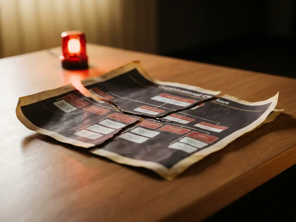Verouderd en gebarsten bedrijfsorganigram op vergeld papier, verlicht door rood waarschuwingslicht op modern bureau.