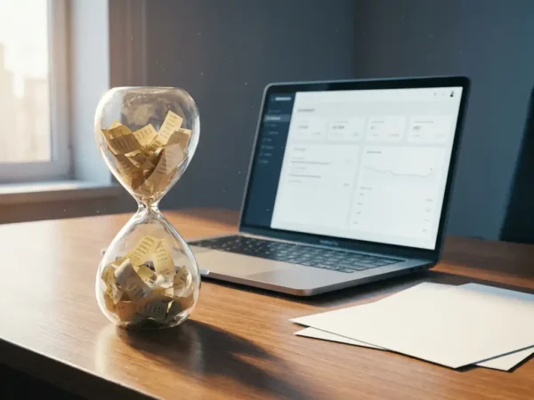 Stoffig zandloper met vergeelde dataprintouts naast een moderne laptop op een zakelijk bureau, symboliseert verouderde versus actuele data-analyse.