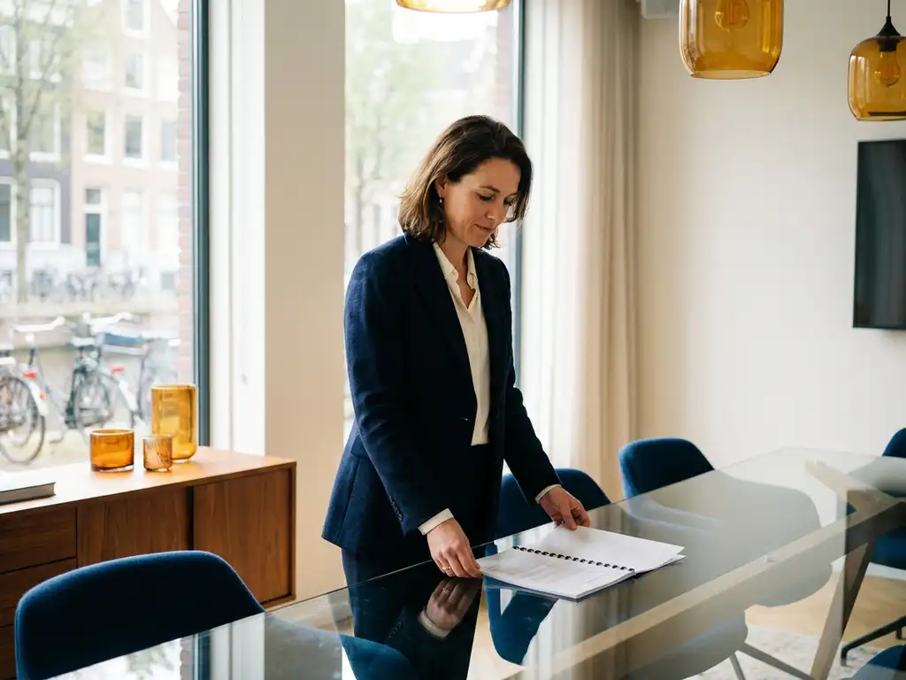 Vrouw in getailleerd blazer bekijkt document aan glazen vergadertafel in modern Nederlands kantoor met vloer-tot-plafondvensters.