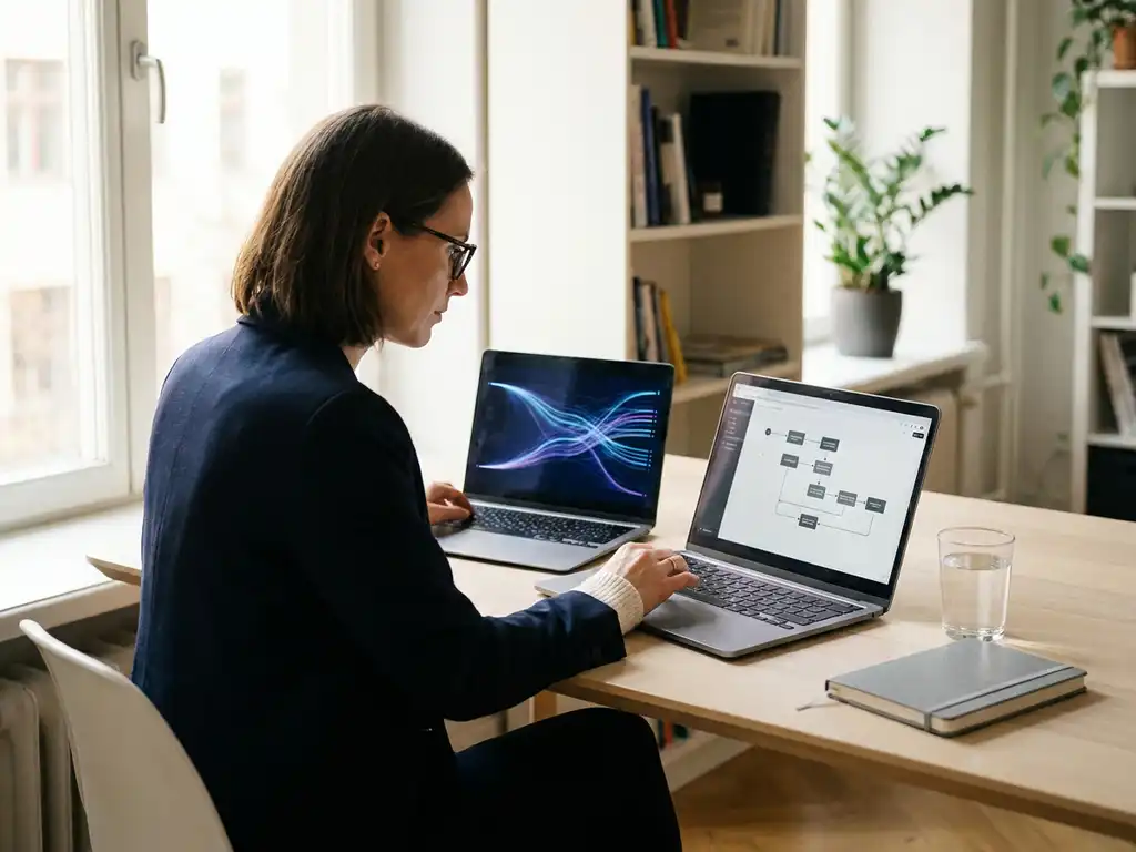 Vrouw vergelijkt data-visualisaties en workflowdiagram op twee laptops op modern bureau met notitieboek en glas water.