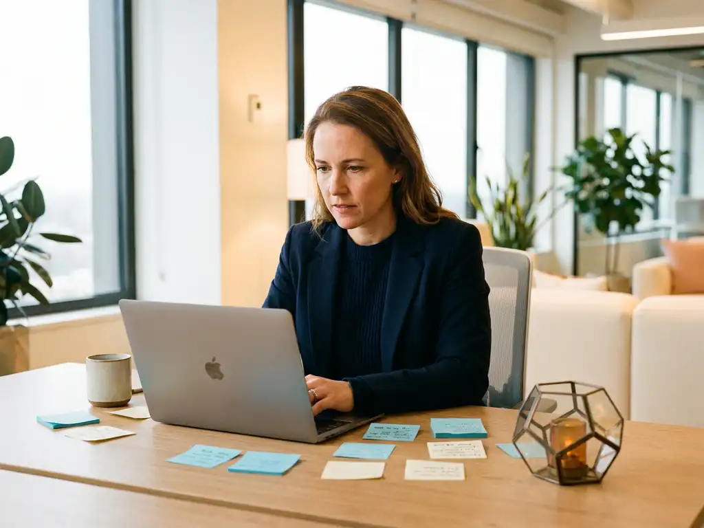 Vrouw leidt videogesprek op laptop aan opgeruimd bureau met sticky notes en geometrisch AI-object, modern Nederlands kantoor.