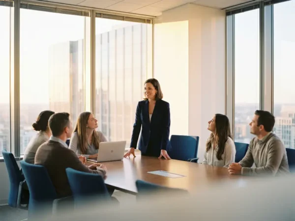 Zelfverzekerde vrouwelijke professional leidt vergadering in moderne boardroom met glazen wanden en natuurlijk licht.