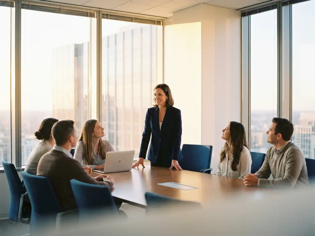 Zelfverzekerde vrouwelijke professional leidt vergadering in moderne boardroom met glazen wanden en natuurlijk licht.