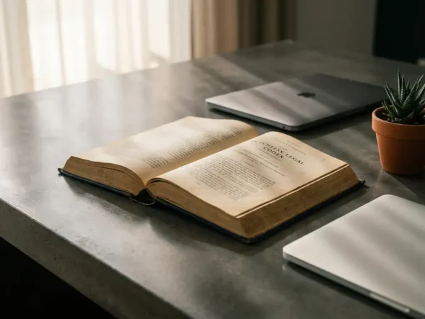 Verouderd Nederlands wetboek opengeslagen op modern bureau naast laptop, met natuurlijk zijlicht en kleine kamerplant.