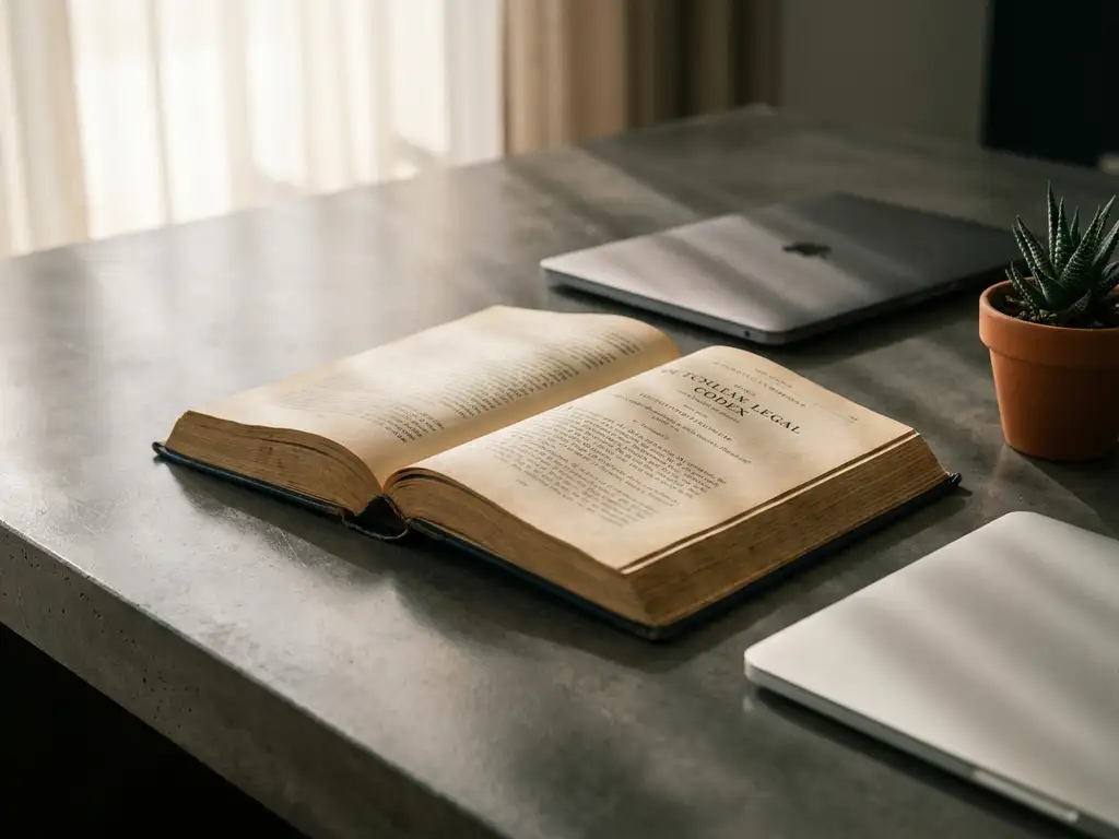 Verouderd Nederlands wetboek opengeslagen op modern bureau naast laptop, met natuurlijk zijlicht en kleine kamerplant.
