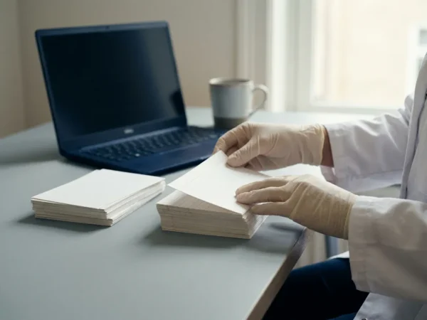Wetenschapper sorteert witte kaarten in twee stapels op modern bureau, laptop op achtergrond, zacht natuurlijk licht.