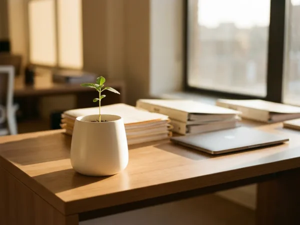 Klein groen zaailing in witte pot op een opgeruimd kantoorbureau met laptop en documenten, warm goudkleurig licht.