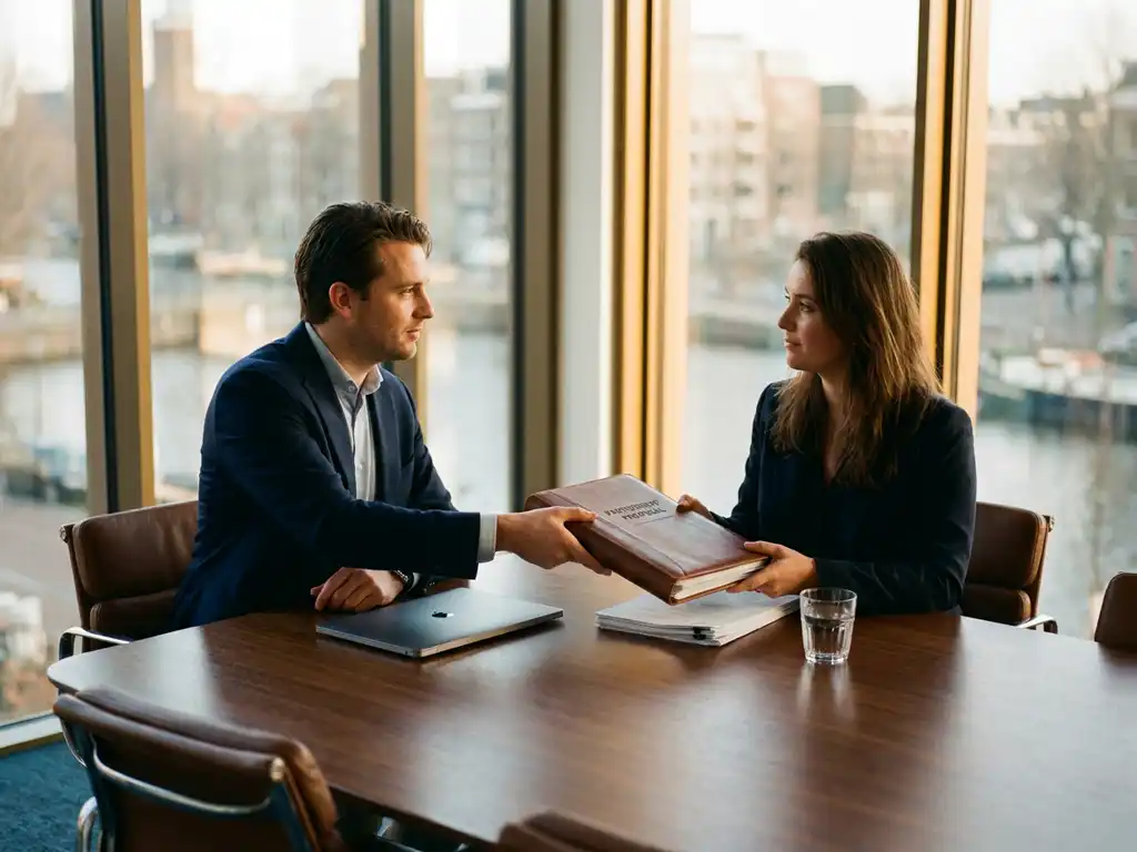 Twee professionals aan vergadertafel wisselen partnerschapsvoorstel uit, laptop en strategiedocumenten erbij, modern kantoor met vloer-tot-plafondvensters.