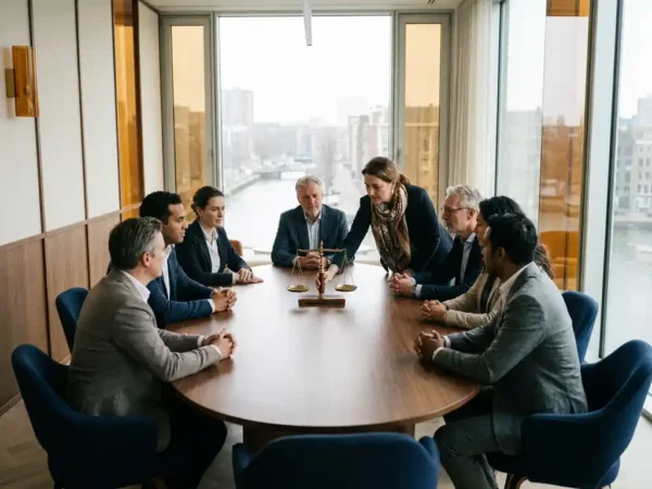 Diverse professionals rond een ovale vergadertafel in modern kantoor, terwijl iemand een weegschaalmodel centraal plaatst.